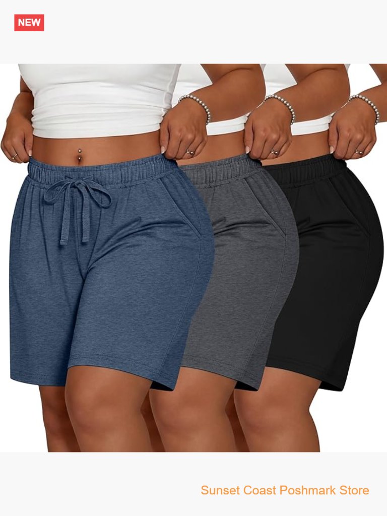 3 Pack Plus Size Bermuda Shorts Cotton Drawstring Knee Length With Pockets